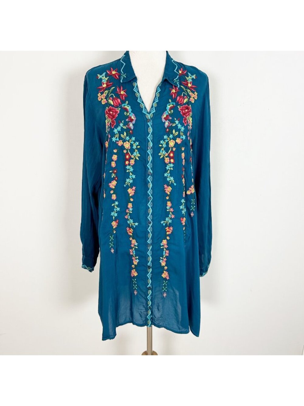 Johnny Was Embroidered Shirt Dress Boho Colorful Floral Size‎ XL Women's